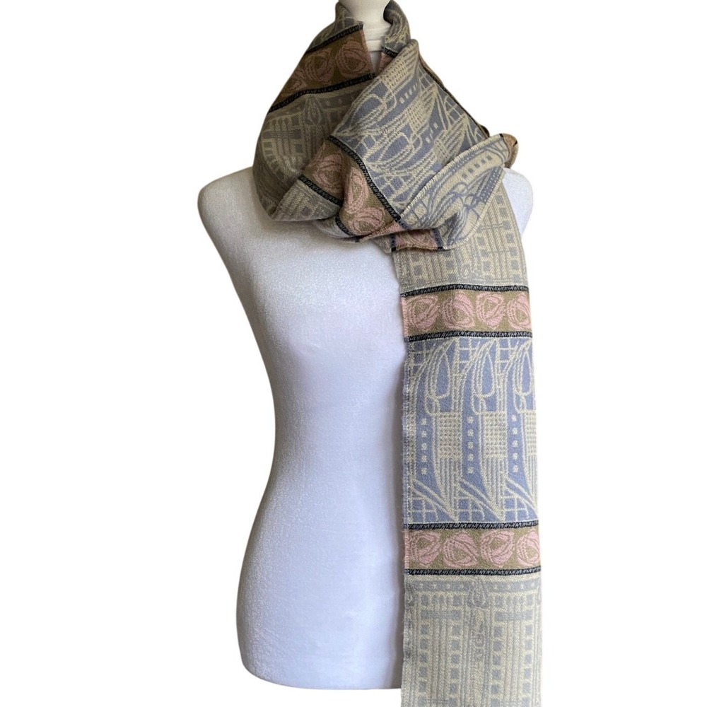 Vintage 100%‎ Wool Cream Scarf Scotland Art Nouveau Celtic Cottage Heritage Luxe